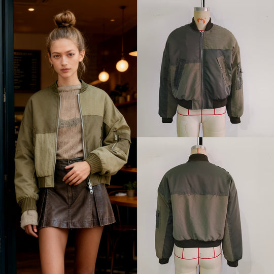 Damen Kurze Oversize-Bomberjacke mit Utility-Taschen und Rippbündchen Shop Nory