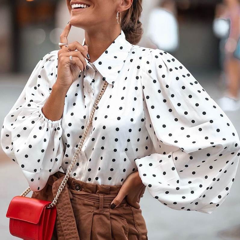 Damen Polka Dot Ballonärmel Bluse