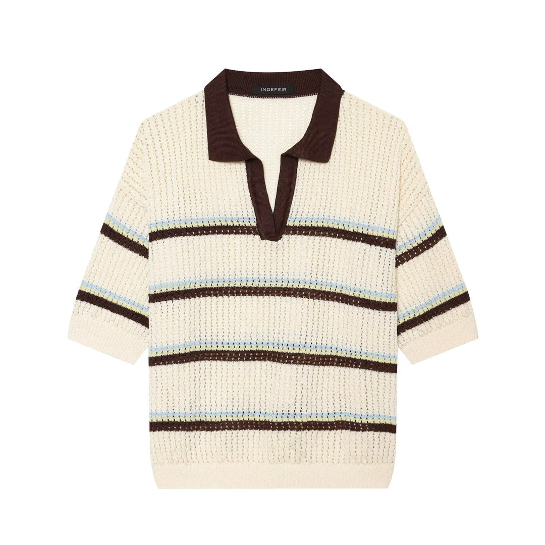 Damen Kurzarm-Polopullover aus Lochstrick mit offenem V-Ausschnitt Shop Nory