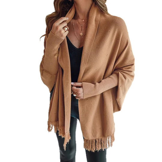 Damen Fransen‑Poncho‑Cardigan mit dekorativem Taillengürtel und Rippbündchen Shop Nory