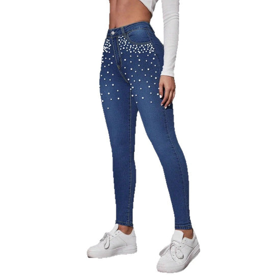 Damen Taillenhohe figurformende Skinny-Jeans mit Perlenbesatz Shop Nory