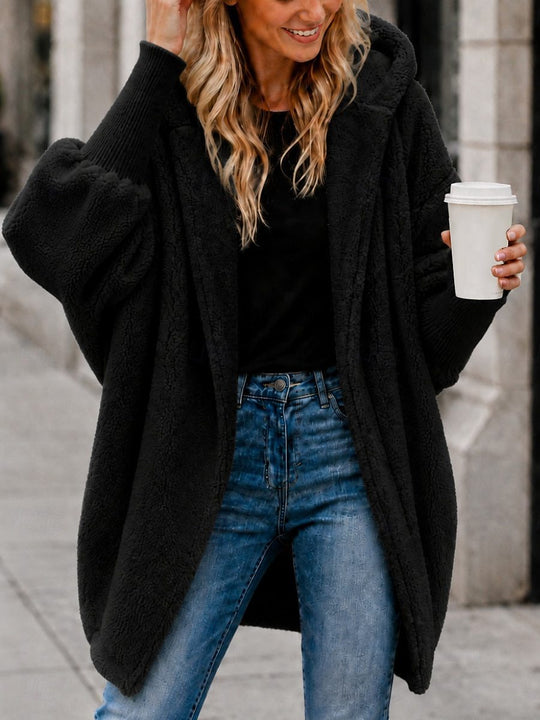 Damen Oversized Sherpa-Kapuzenmantel mit offenem Saum und Rippenbündchen Shop Nory