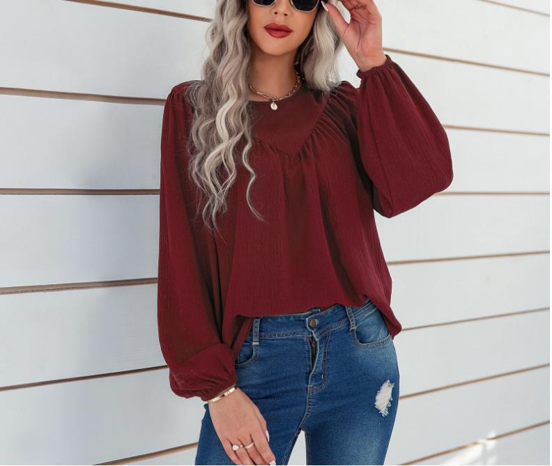Damen Lässiges Viskose-Blusenshirt mit Rundhals und Ballonärmeln Shop Nory