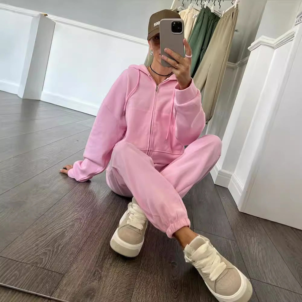 Damen lässiges Kapuzen-Sweatshirt und Jogginghose Set in Oversize-Passform mit Reißverschluss und Kängurutasche Shop Nory