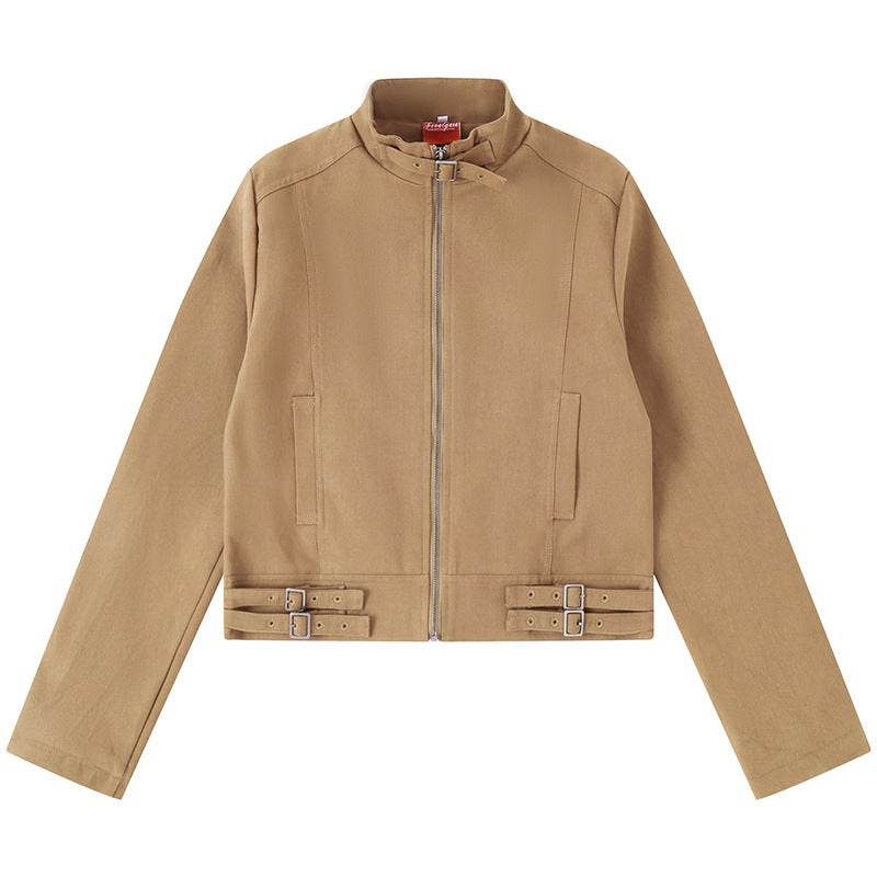 Damen Kurz geschnittene Baumwoll-Utility-Jacke mit Stehkragen Frontreißverschluss und verstellbaren Taillenriemen Shop Nory