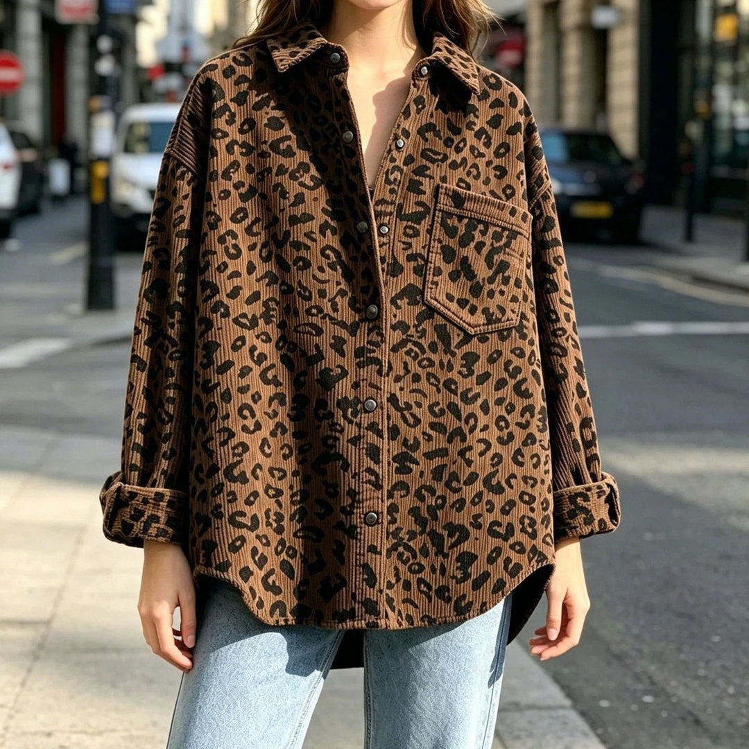 Damen Oversize Cord-Hemdenjacke mit Leopardenmuster und Druckknöpfen Shop Nory
