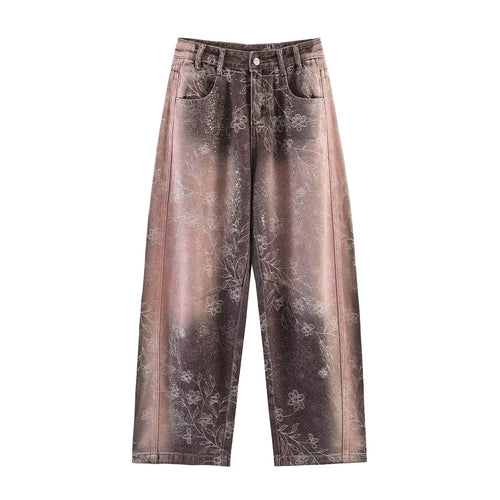 Damen Weite High‑Waist‑Jeans mit floralem Allover‑Print und Used‑Farbverlauf Shop Nory