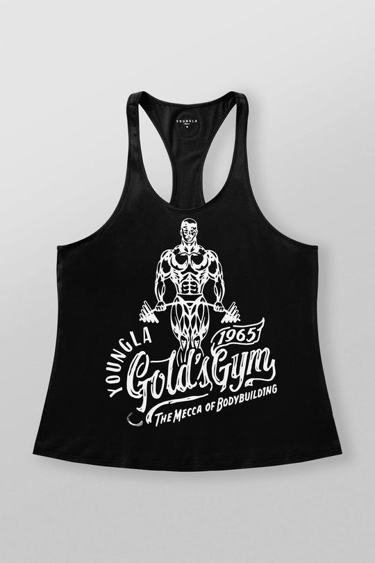 Herren nan athletisches Stringer Tanktop rückenfreier Schnitt mit Kontrastpaspel und Kraftsportmotiv