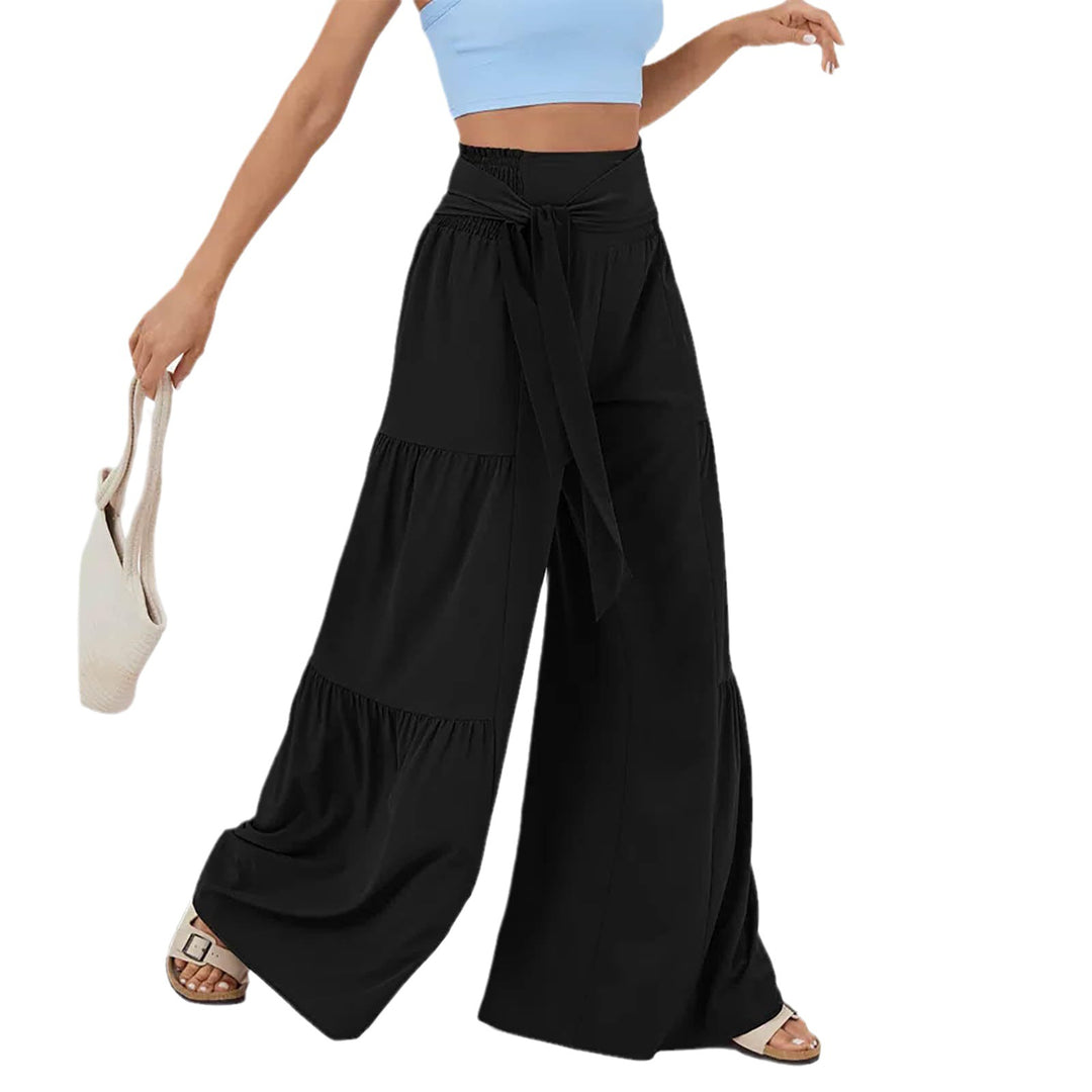 Damen weite Palazzo-Hose mit hoher Taille, bindbarem Taillenband und Stufensaum Shop Nory