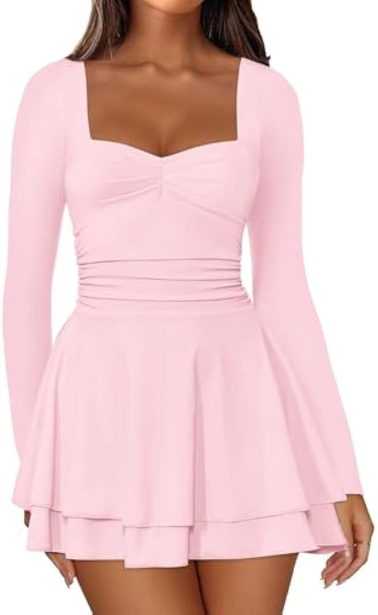 Damen Langarm-Minikleid mit quadratischem Ausschnitt, taillierter Raffung und zweilagigem Volantrock Shop Nory