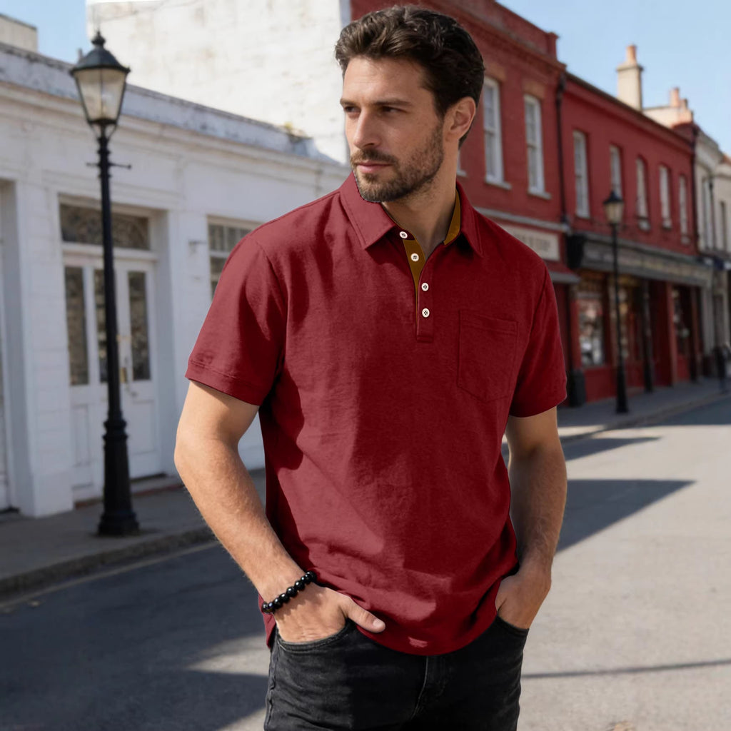 Herren nan Kurzarm-Polokragen-Shirt aus texturiertem Jersey mit Brusttasche und kontrastierter Knopfleiste