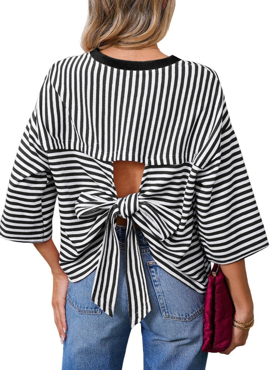 Damen Gestreiftes Oversize-Shirt mit Rückenausschnitt und Schleifenbindung Shop Nory