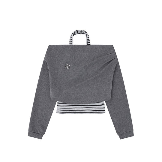Damen Cropped Lagen-Hoodie mit integriertem Streifen-Untershirt, Kapuze und legerem Raglan-Schnitt Shop Nory
