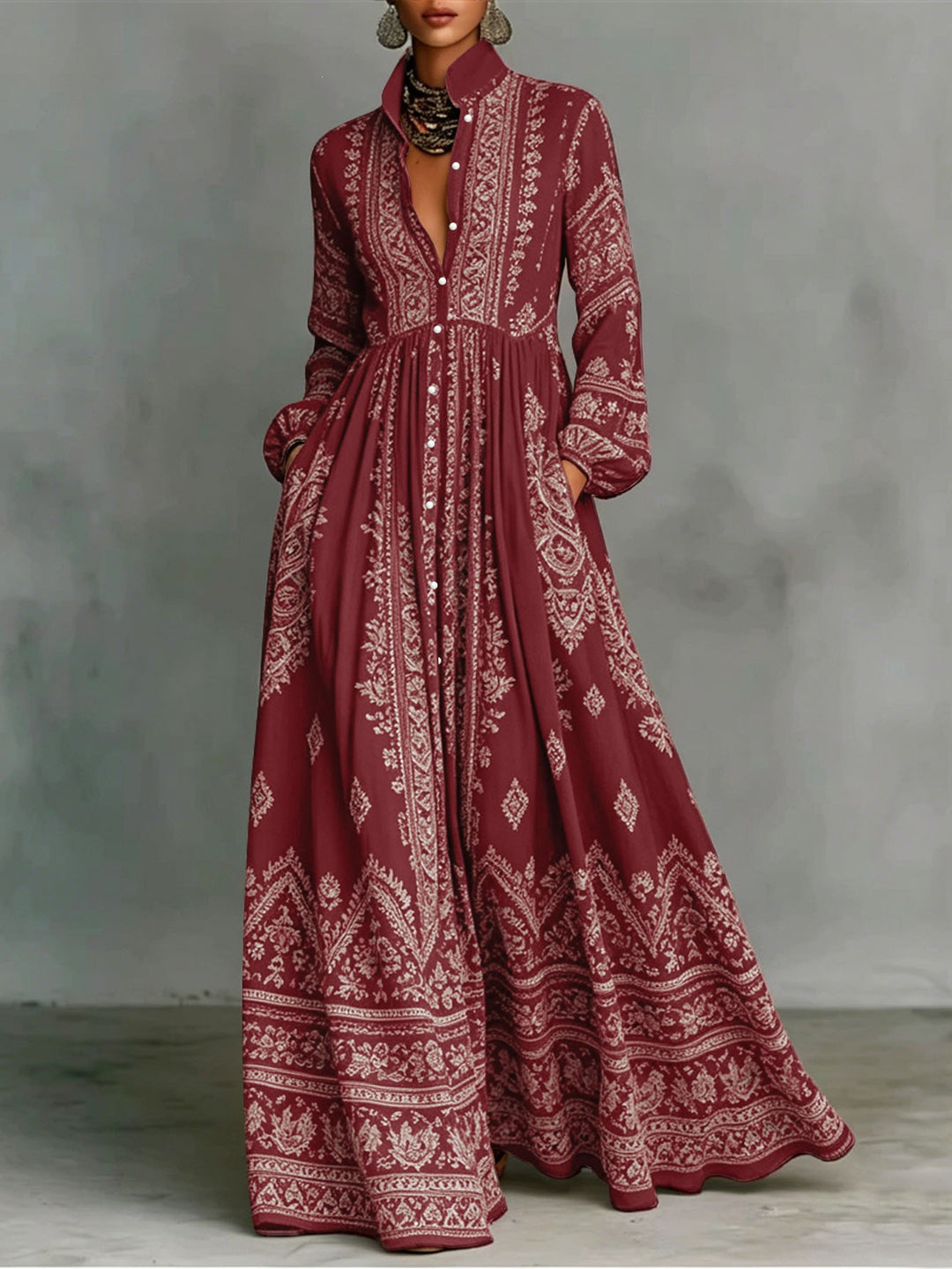 Damen Boho-Maxi-Hemdkleid mit Stickbordüren, hoher Stehkragen und Taschen Shop Nory