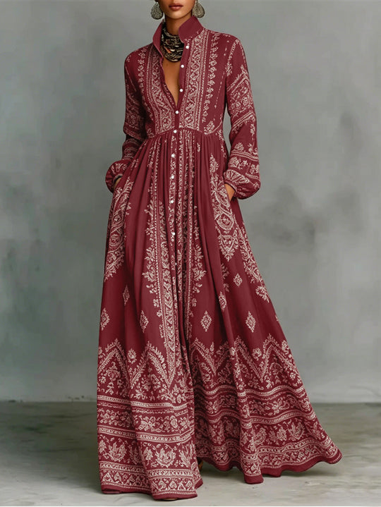 Damen Boho-Maxi-Hemdkleid mit Stickbordüren, hoher Stehkragen und Taschen Shop Nory