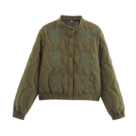 Damen Kurzer gesteppter Blouson mit floraler Stepp-Applikation, Stehkragen und elastischem Bund Shop Nory
