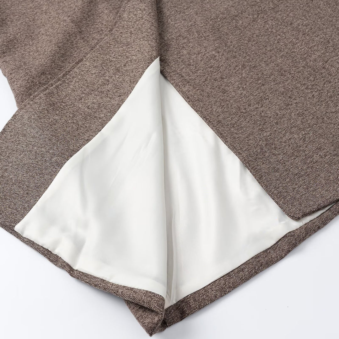 Damen elegant-langer Mantel mit Doppelreihe, Kontrastärmeln und Glencheck-Details Shop Nory