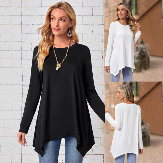 Damen Langes A-Linien Tunika-Oberteil mit Rundhals und asymmetrischem Saum Shop Nory