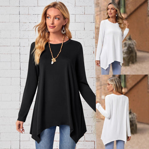 Damen Langes A-Linien Tunika-Oberteil mit Rundhals und asymmetrischem Saum Shop Nory