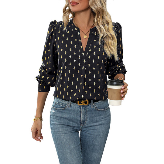 Damen Bedruckte Viskose-Bluse mit Rautendruck, Stehkragen und Ballonärmeln Shop Nory