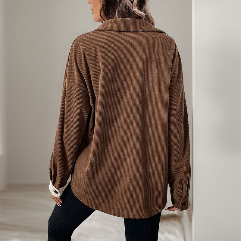 Damen Lässige Cord-Hemdbluse mit asymmetrischer Zweifarb-Optik, Knopfleiste und Brusttasche Shop Nory
