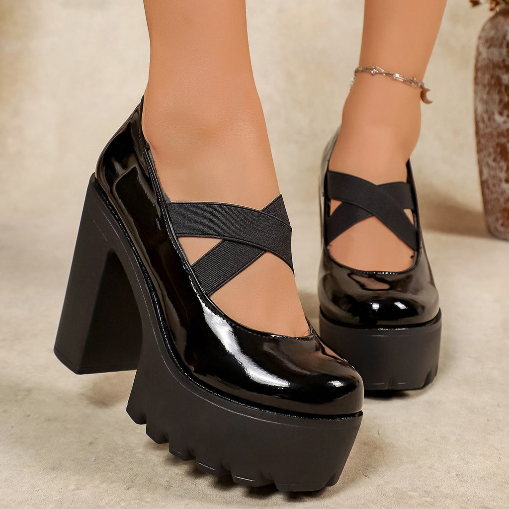 Damen Plateau-Pumps mit elastischem Riemchen und hohem Blockabsatz Shopnory