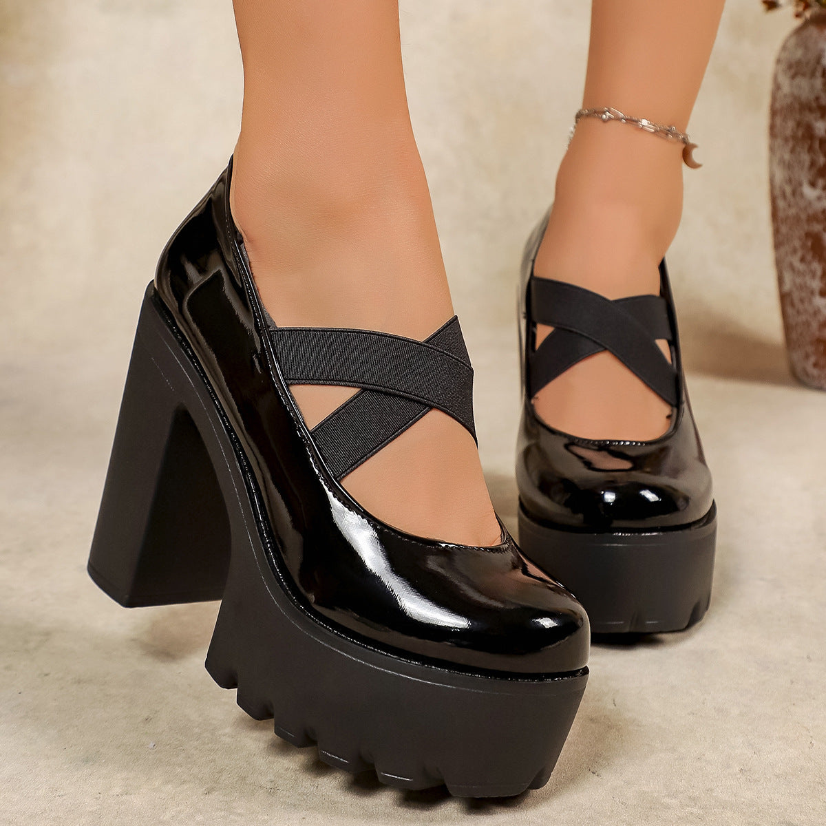 Damen Plateau-Pumps mit elastischem Riemchen und hohem Blockabsatz Shopnory