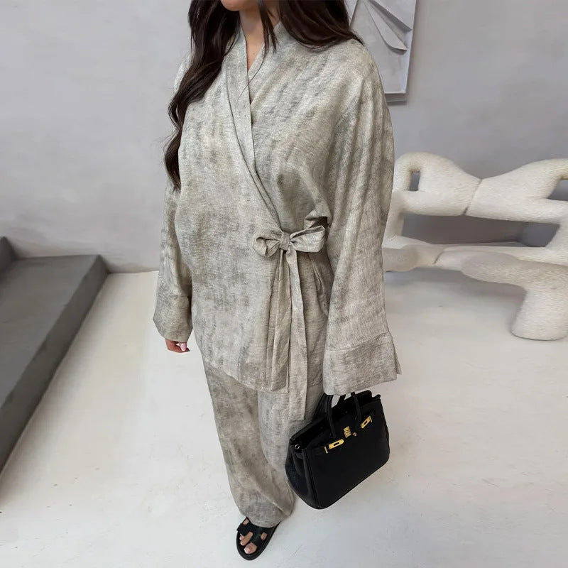 Damen Leichtes Loungewear Set mit Wickeljacke und weiten Haremshosen