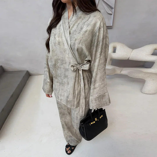Damen Leichtes Loungewear Set mit Wickeljacke und weiten Haremshosen