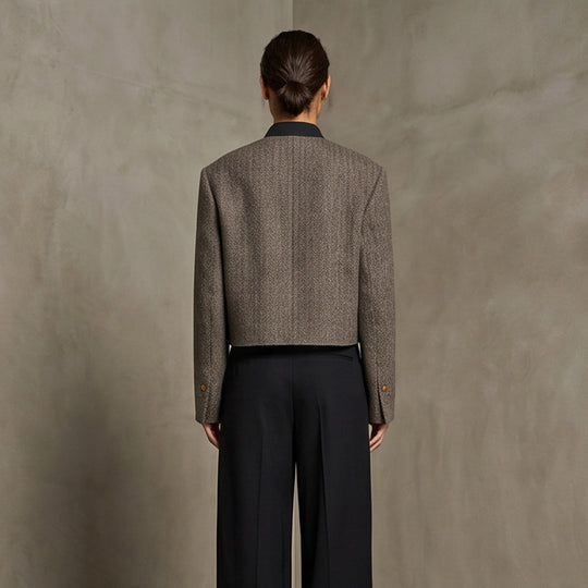 Damen Kurzgeschnittener Wollblazer mit Stehkragen und Fischgrätmuster Shop Nory