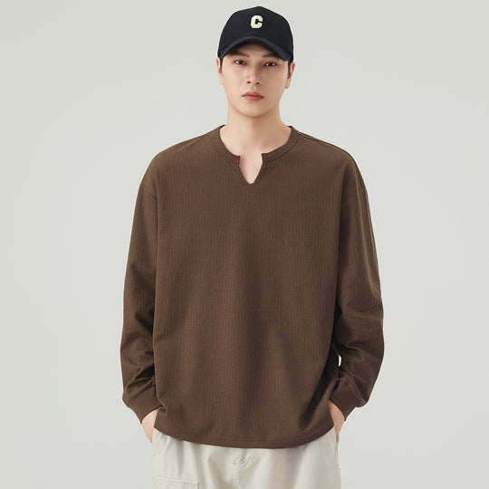 Herren Lockeres Langarmshirt mit V-Notch-Kragen und strukturierter Baumwollmischung Shop Nory