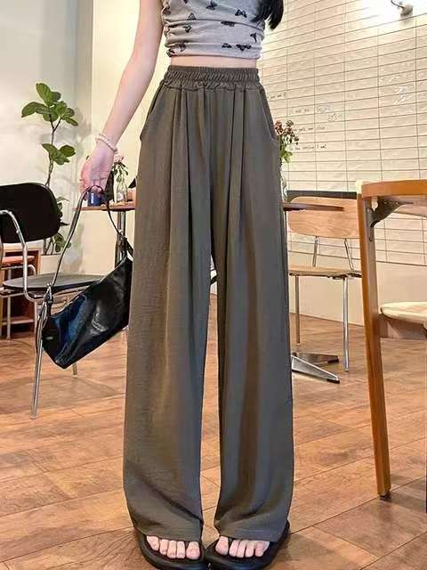 Damen Weite Leinenoptik-Palazzohose mit hoher Taille, Elastikbund und Eingrifftaschen Shop Nory