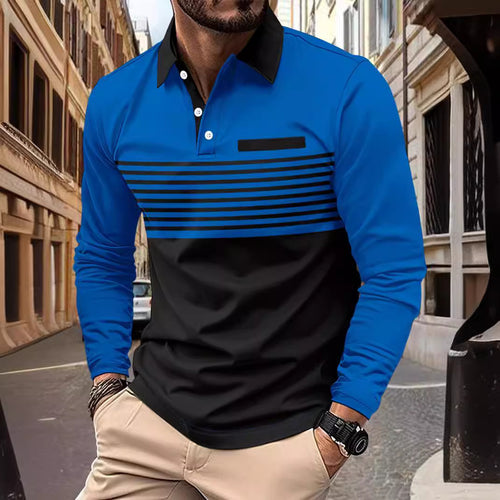 Herren nan langärmliges Poloshirt mit kontrastierendem Hemdkragen, dezenter Brustpaspel und feinem Streifenrelief Shop Nory