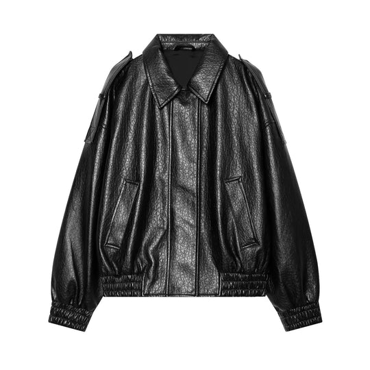 Damen Oversized Kunstleder-Bomberjacke mit Schulterklappen und gerafftem Saum Shop Nory