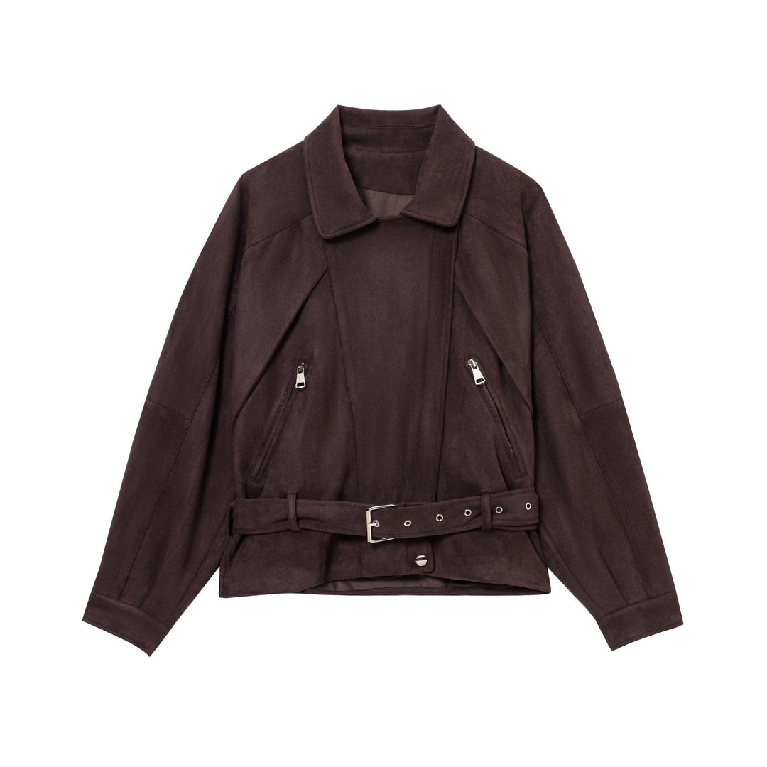 Damen Kurze Wildlederoptik-Trenchjacke mit Taillengürtel und Reißverschluss-Details Shop Nory