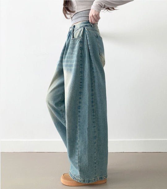 Damen Weite High-Waist Denim-Hose mit Faltenwurf