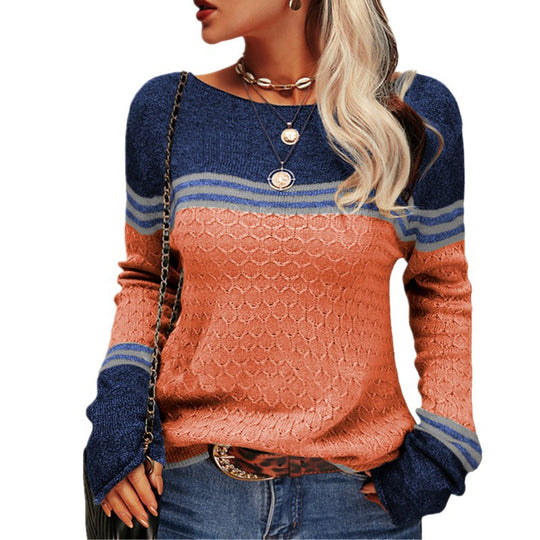 Damen nan lässiger gestrickter Pullover mit Strukturmuster, U-Boot-Ausschnitt und kontrastierenden Bündchen Shop Nory