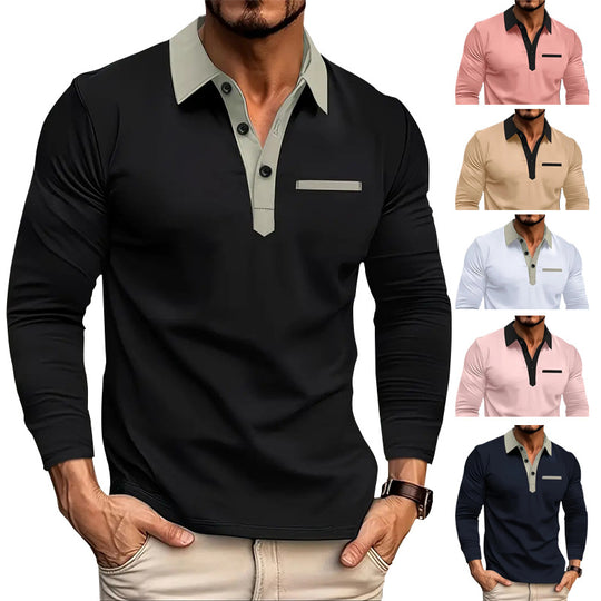 Herren nan stretchiges Langarm-Polo mit kontrastierter Knopfleiste und Brustblende Shop Nory