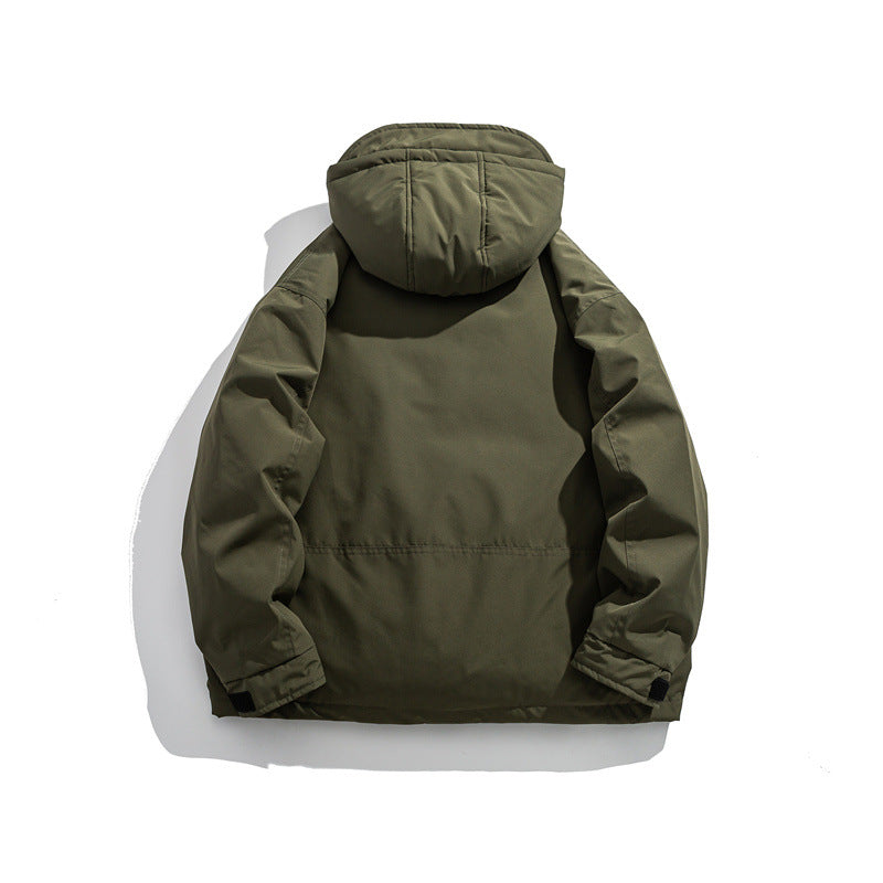 Herren Kurz geschnittener wetterfester Hybrid-Parka mit Kapuze, Druckknopfblende und schrägen Reißverschlusstaschen Shop Nory