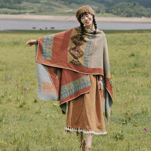 Damen Jacquard-Poncho-Cape mit Ethno-Muster und Wollmix Shop Nory