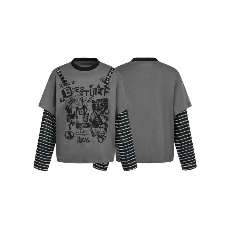 Damen Lagenlook-Longsleeve mit Grafikprint, gestreiften Einsatzärmeln und dekorativen Schulterträgern Shop Nory