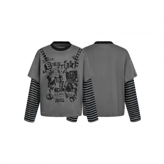 Damen Lagenlook-Longsleeve mit Grafikprint, gestreiften Einsatzärmeln und dekorativen Schulterträgern Shop Nory