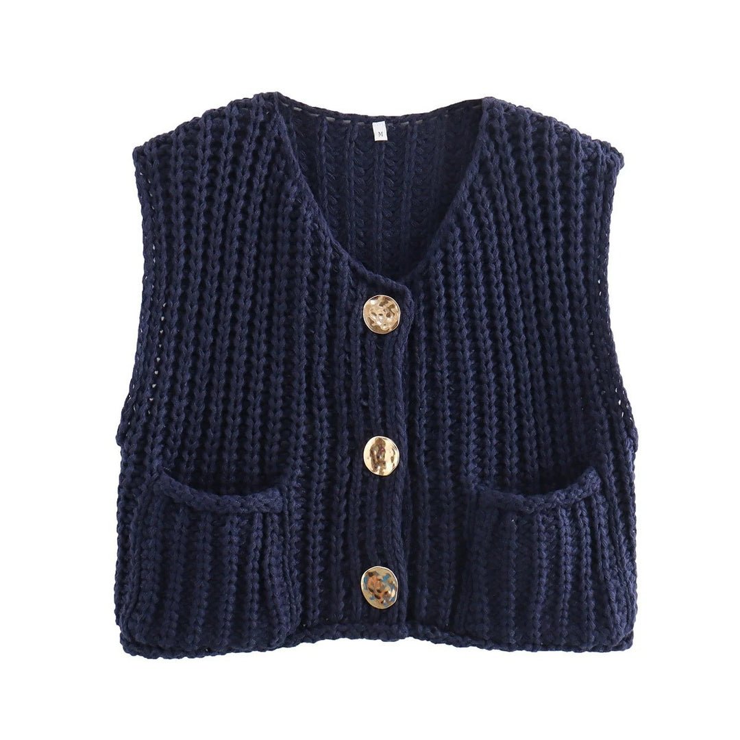 Damen Kurzgeschnittene Ärmellose Strickweste mit V-Ausschnitt und Zierknöpfen Shop Nory