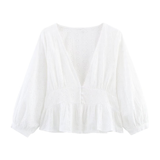 Damen Weiche Broderie-Anglaise-Bluse mit tiefem V‑Ausschnitt, Taillennaht und Volant Shop Nory