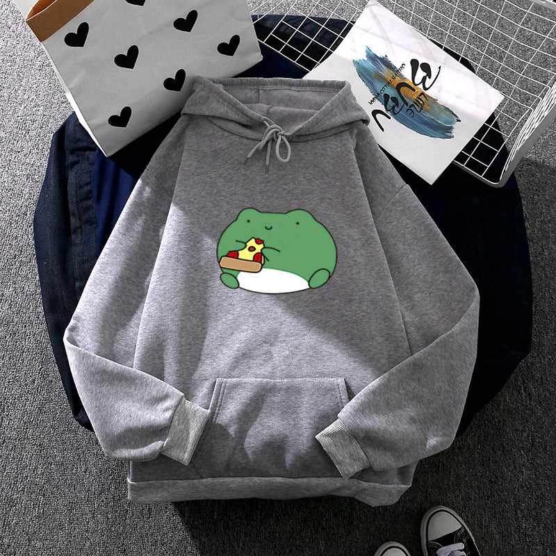 Damen nan gemütlicher Kapuzenpullover mit kawaii Frosch‑Pizza‑Motiv und oversized Relax‑Fit Shop Nory