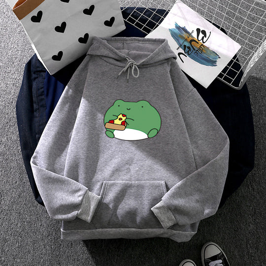 Damen nan gemütlicher Kapuzenpullover mit kawaii Frosch‑Pizza‑Motiv und oversized Relax‑Fit Shop Nory