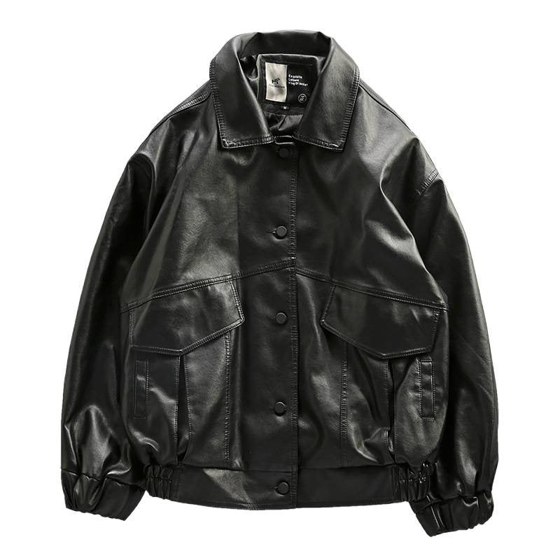 Herren Oversized Lederimitat-Utility-Jacke mit Pattentaschen und elastischem Saum Shop Nory