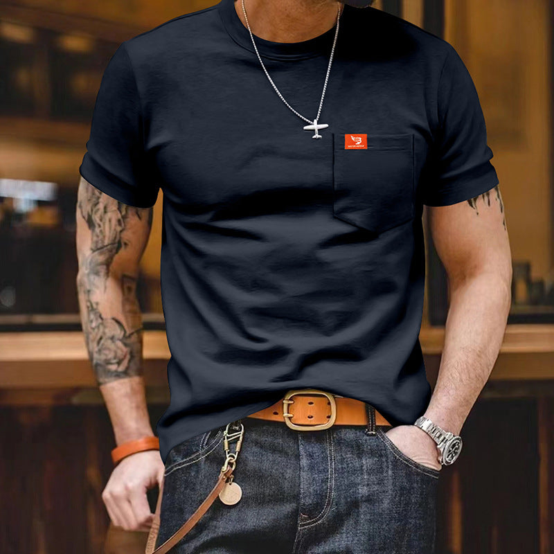Herren klassisches Kurzarm T-Shirt mit Brusttasche aus hochwertiger Baumwolle