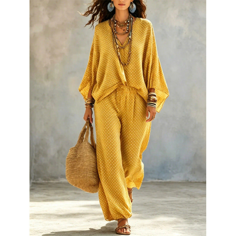 Damen Boho-Lounge-Set mit weitem V-Ausschnitt, Fledermausärmeln und elastischer Bund-Palazzohose Shop Nory