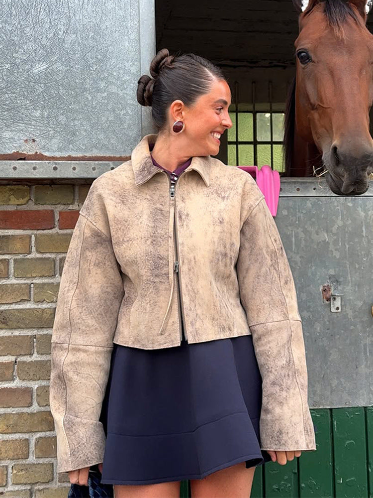 Damen Kurz geschnittene Velourslederjacke in Used‑Optik mit extra langen Ärmeln und Zwei‑Wege‑Reißverschluss Shop Nory